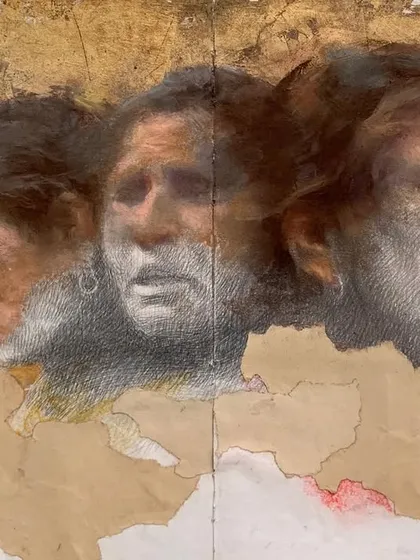 A mixed media version of "Destitute of Vision," where the pencil drawing is combined with gold leaf and distressed paper, adding another layer of meaning to the portrait.