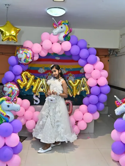 Seeing the birthday girl's face light up is why I do this. We created this magical Unicorn theme with a full balloon ring backdrop, custom unicorn pillars, and foil balloons to make her 10th birthday in Navi Mumbai unforgettable.
