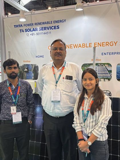 Our team proudly standing by our display at the Pragati Maidan expo. We are always ready to discuss how we can help meet the nation's solar energy requirements.