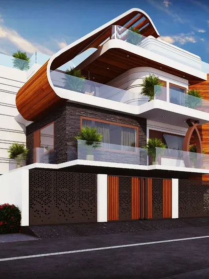 This private villa showcases a fluid, modern design with a curved wooden element that wraps around the structure. The use of stone, glass, and wood creates a rich textural palette.