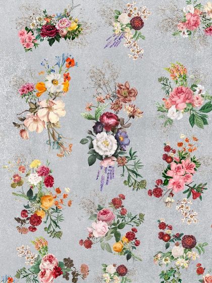 The same floral bouquet pattern is available on a light grey background, offering a softer and more subtle option.