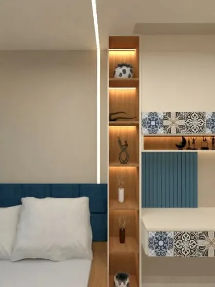 A close-up of the study nook and shelving, showing how pattern and light can be used effectively.