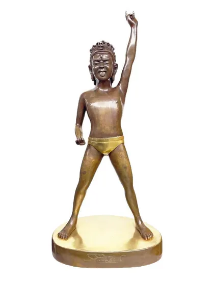 'Triumphant Skywalker (No Black Tongue)', a bronze sculpture by Tsherin Sherpa. This piece playfully distorts Himalayan iconography to explore themes of cultural identity, displacement, and hybridity in the modern world.