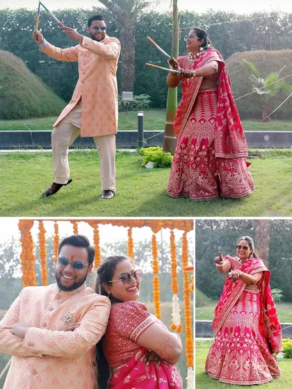 A playful collage of the couple having fun with dandiya sticks and posing during their Haldi event.