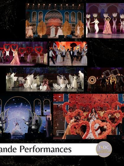 A showcase of our grand performance capabilities. This collage features a variety of large-scale productions, including the use of lotus props, heart-shaped floral arrangements, and celestial-themed backdrops.