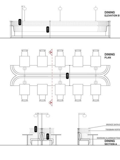 Orthographic drawings for the dining seating at the 080 Lounge. These technical plans and sections provide precise dimensions and details for the custom-designed banquet seating.