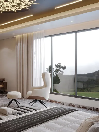 A shot from the bed, focusing on the large window with its expansive view, a key feature for a luxury hotel suite.