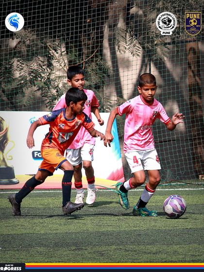 A dynamic scene from our Pune league, with players converging on the ball. Teamwork and communication are key in these moments.