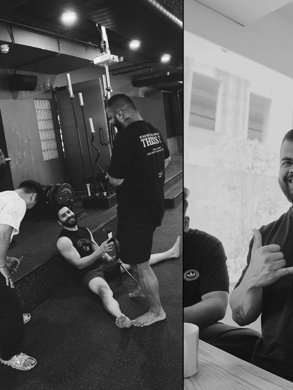 A black and white collage capturing the essence of a week at Knox: intense training, post-workout chats, and relaxing at the cafe.