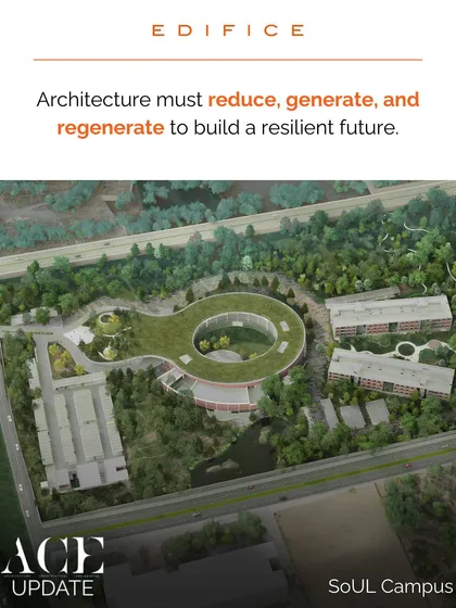 The design for the SoUL Campus embodies our core principle: architecture must reduce, generate, and regenerate. This aerial view highlights the integration of a green roof and biophilic forms, representing our commitment to creating net-zero, resilient buildings.