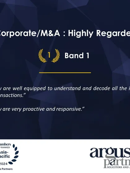 Our firm's Band 1 ranking for Corporate/M&A from Chambers Asia-Pacific 2024, supported by strong client testimonials.