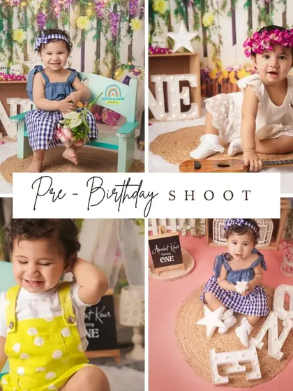 A collage showcasing the variety of setups and outfits available for our pre-birthday shoots, from floral themes to casual and fun looks.