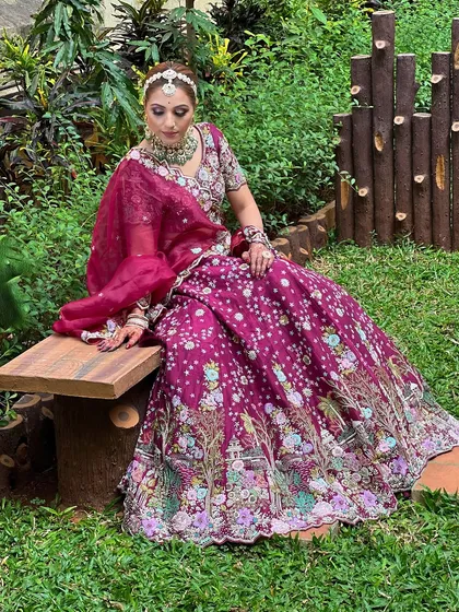 Another angle of this inspired look, showing the beautiful embroidery on the lehenga.