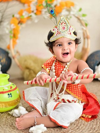 Our Little Krishna theme is perfect for celebrating culture and tradition. This happy little one is ready for Janmashtami.