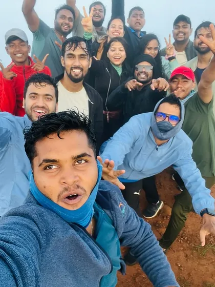 A fun selfie of the group during the Skandagiri trek, capturing the high spirits of the climb.