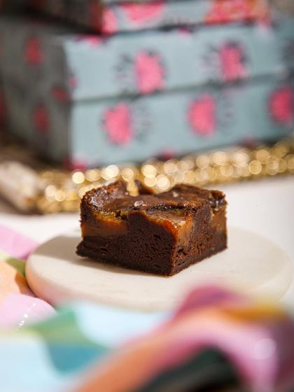 A close-up of one of our assorted brownies, revealing its rich, fudgy texture.