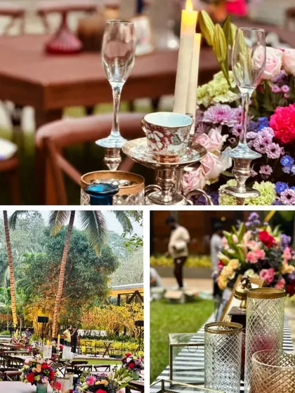 A collage showcasing the details of the outdoor reception. From the vibrant floral arrangements and elegant table settings to the overall view of the lush venue, every element was curated for a beautiful experience.