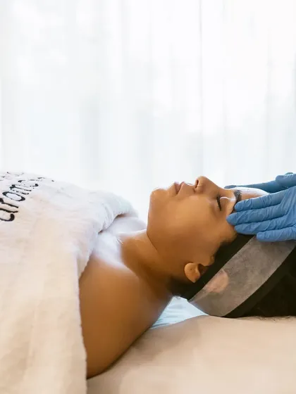 Let your weekend be all about you. Here, a client is enjoying a calming forehead massage, a technique I use to release tension and smooth the skin.