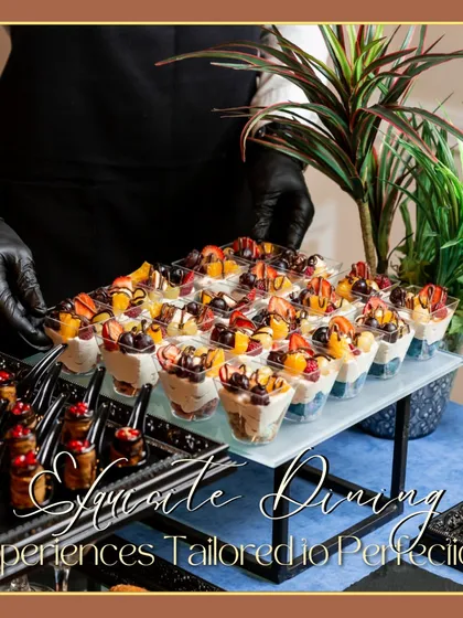 I provide exquisite dining experiences tailored to perfection. My staff, wearing professional black gloves, serves a tray of beautifully crafted fruit and cream dessert cups, ensuring elegance and hygiene in every step.
