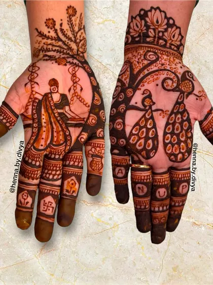 Another lovely Teej design featuring a woman on a swing. The other hand has two peacocks and the client's name 'ANUP' spelled out on the fingers for a personal touch.