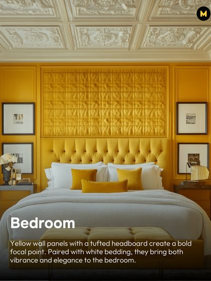 This bedroom uses yellow wall panels and a tufted headboard to create a bold focal point. Paired with white bedding and black and white art, the room feels both vibrant and elegant.
