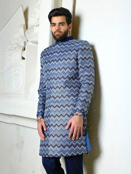 A full-length view of the chevron-patterned kurta, a striking piece that showcases the splendour of Indian tradition with a modern twist.