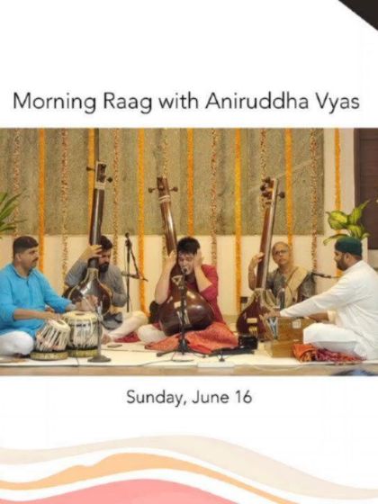 A Hindustani classical vocal performance by Aniruddha Vyas during a "Morning Raag" concert, accompanied by tabla and harmonium.