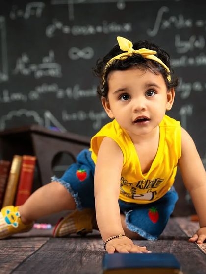 On the move and ready to learn! A baby girl crawls across her classroom set, full of curiosity.