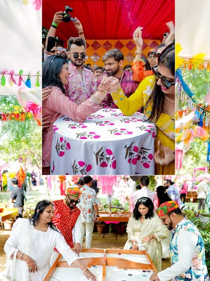 I believe in interactive fun. At this carnival-themed Mehendi, guests enjoyed traditional games like carrom and engaged in friendly arm-wrestling matches, adding a layer of playful competition.