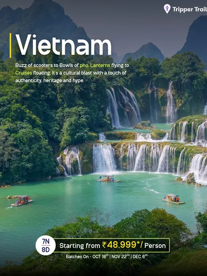 Imagine yourself here, surrounded by the raw, natural beauty of Vietnam. From the buzz of scooters in ancient towns to the serene sight of waterfalls like this, our Vietnam trips are a cultural blast. We explore hidden pagodas and streets buzzing with heritage.