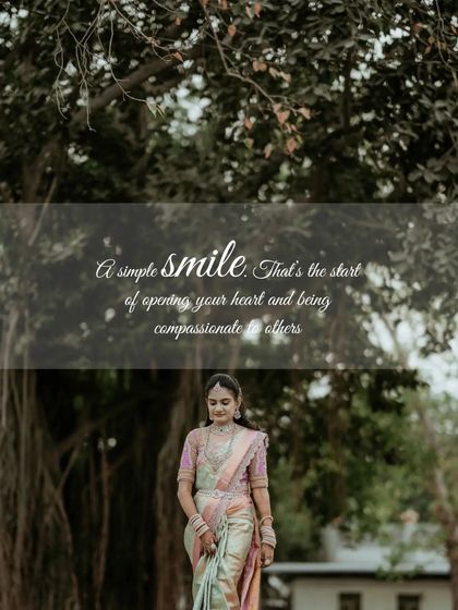 A thoughtful portrait of the bride, with a quote about the power of a simple smile.