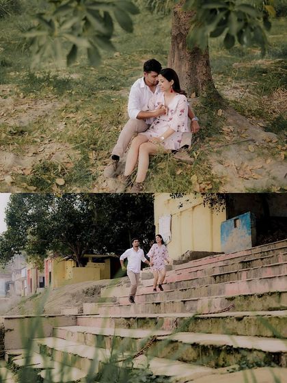A collage showing two different scenes from a riverside shoot. One is an intimate moment under a tree, and the other is a fun, energetic shot of them running up the ghat steps.
