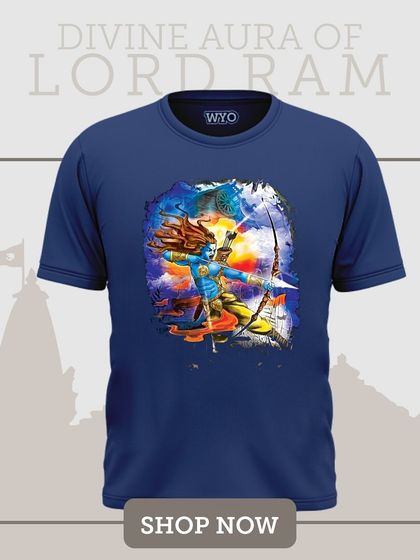 A colorful, painterly depiction of Lord Ram in action with his bow and arrow, printed on a navy blue t-shirt that is built to last.