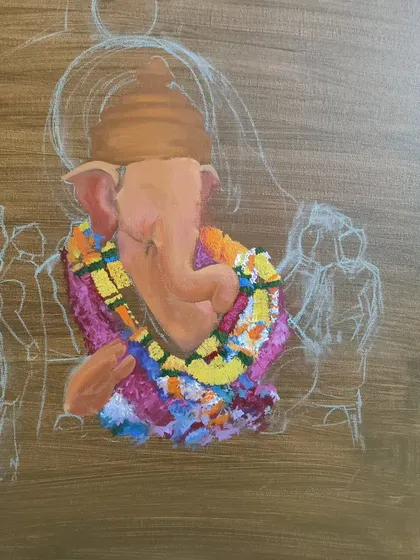 Another work-in-progress shot of the Ganesha commission. Here, the focus is on blocking in the main colors of the figure before adding finer details and the surrounding elements.