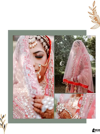 A nature-themed collage of bride Mannat, her traditional red lehenga beautifully framed by green and floral elements.