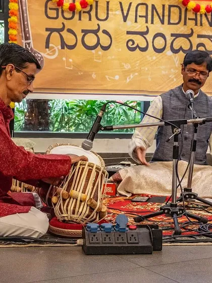 My teachers, Shri Narasimhan Kulkarni ji and Shri Vadiraj on tabla, leading the Guru Vandana. Their dedication and mastery are a constant source of inspiration on my own musical journey.