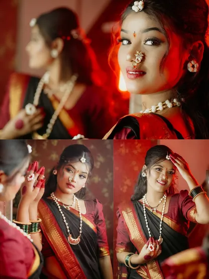 A creative collage showing a woman getting ready for Makar Sankranti, with mirror reflections and dramatic red lighting adding to the festive mood.