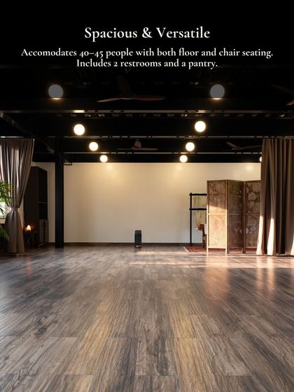 Here you can see the studio as a spacious and versatile blank canvas. With its clean wooden floors and professional lighting, it can be configured for anything from dynamic movement classes to formal talks with chair seating. The space includes two restrooms and a pantry for your convenience.