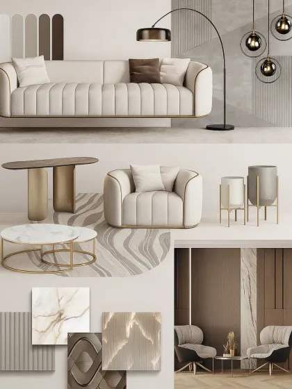 This mood board captures modern opulence with clean lines, plush channel-tufted furniture, and a sophisticated neutral palette with metallic accents.