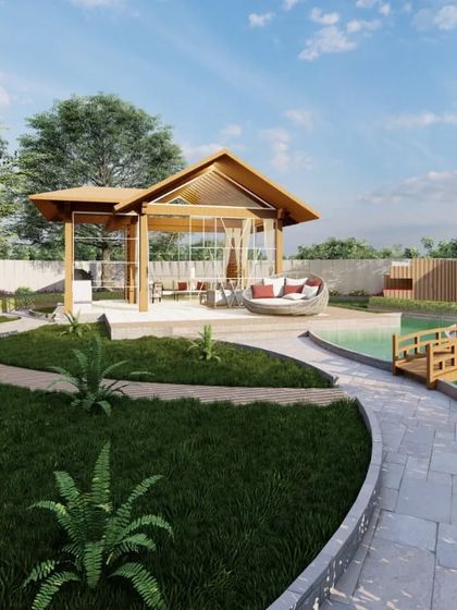This render shows the gazebo in its picturesque setting, complete with a small pond and a wooden bridge, creating a tranquil and storybook-like garden experience.