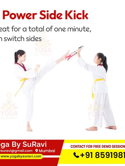 Our Yoga and Kickboxing combo includes dynamic movements like the Power Side Kick to build strength, coordination, and cardiovascular endurance.