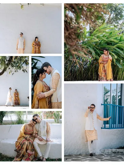 A collection of portraits from a beautiful Haldi photoshoot. I coordinate with the photo team to capture a variety of shots, from romantic close-ups and playful kisses to stylish individual portraits, all within a cohesive, sun-drenched theme.