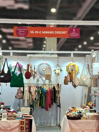 Our fully set-up stall at the Atmanirbhar Bharat Mela in Pragati Maidan. We were thrilled to showcase our world of cozy crochet and stunning macramé.
