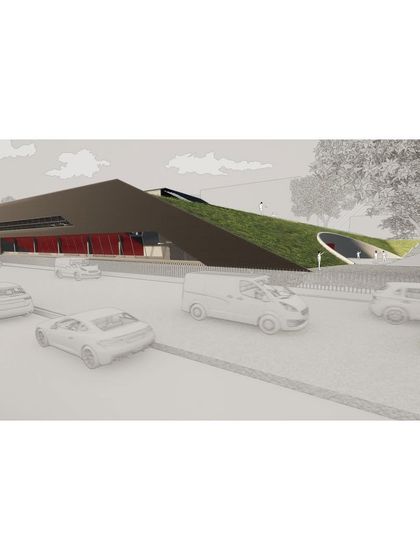 This render illustrates how the sports center's roof becomes a fifth facade, a green landscape that merges with the ground and makes the large building less imposing from the campus side.