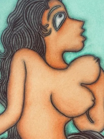 A close-up of the female nude by Prokash Karmakar. The artist's unique style, which blended impressionist influences with a deeply personal and surreal vision, made him one of the most successful artists from Bengal.