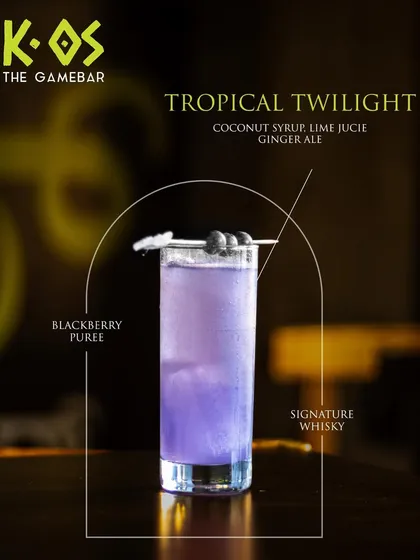 Meet the Tropical Twilight. A signature whisky cocktail with blackberry puree, coconut syrup, lime juice, and ginger ale.