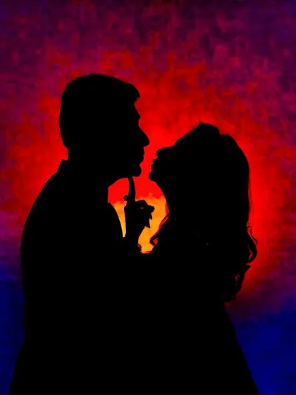 A vibrant silhouette against a dramatic red, purple, and blue background. The bold colors and intimate pose create a passionate and artistic statement.