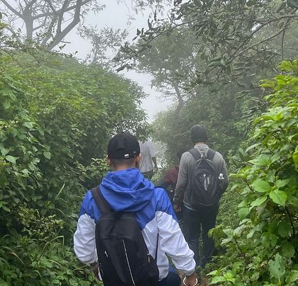Trekkers making their way through the dense, green foliage that covers parts of the Skandagiri trail.