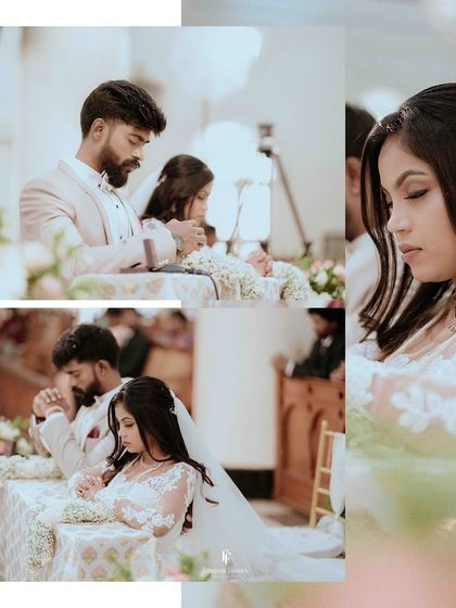 A collage of the couple praying together during their church wedding ceremony.