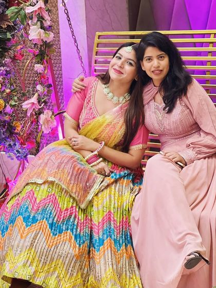 Posing with a friend during our office Diwali celebrations. My colorful rental lehenga was perfect for the festive theme and photo-ops.